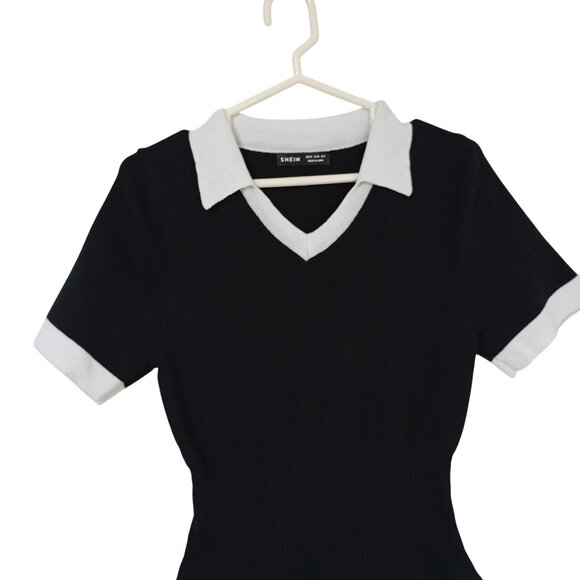 Dress Pleated Knit Black & White Collared Size M Short Sleeve - Picture 3 of 7